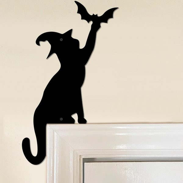 Halloween Cat Door Corner Metal Sign, 8 x 13.8 inch