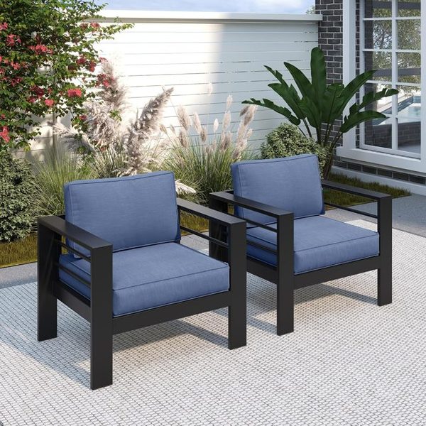 Aluminum Patio Chairs, Set of 2, Black and Blue