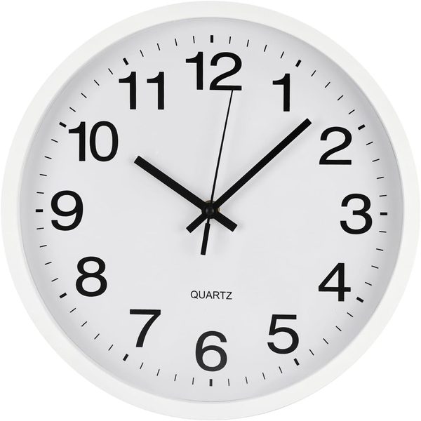 12-Inch Silent Quartz Wall Clock, Modern Round Decor Clock, White