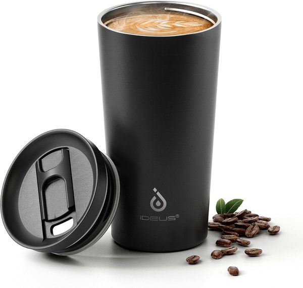 Ideus 17 oz Insulated Travel Coffee Mug, Matte Black, Cup Holder Fit