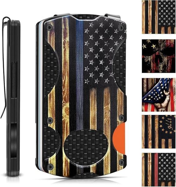 Slim RFID Wallet for Men, Wood Grain Blue Line Flag, Card Holder