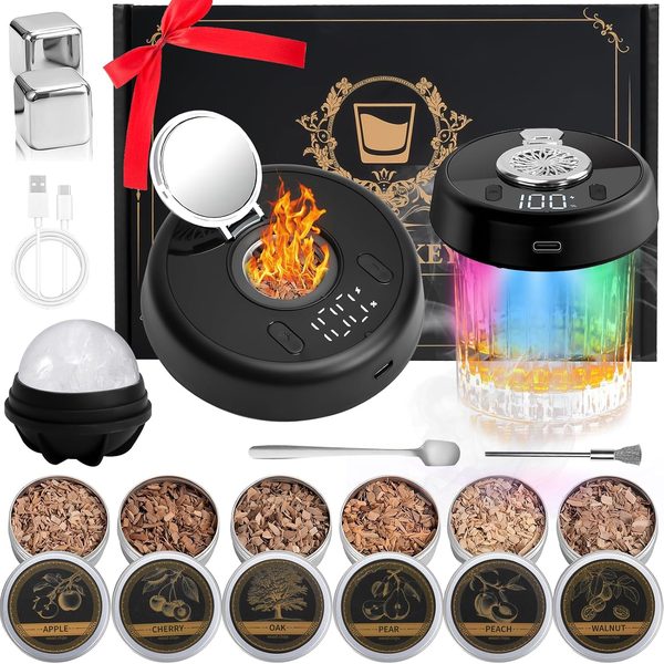 Whiskey Smoker Kit with Ice Mold and Stainless Steel Ice Cubes