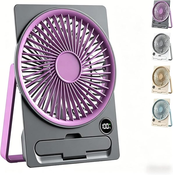 Small Desk Fan with Phone Holder, 5 Speeds, Rechargeable, Purple